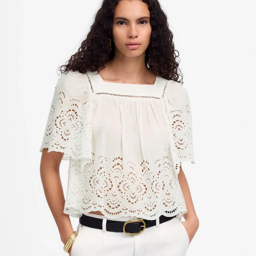 Madewell White Flutter Sleeve Blouse with Eyelet embroidered‎ Details Size M NWT